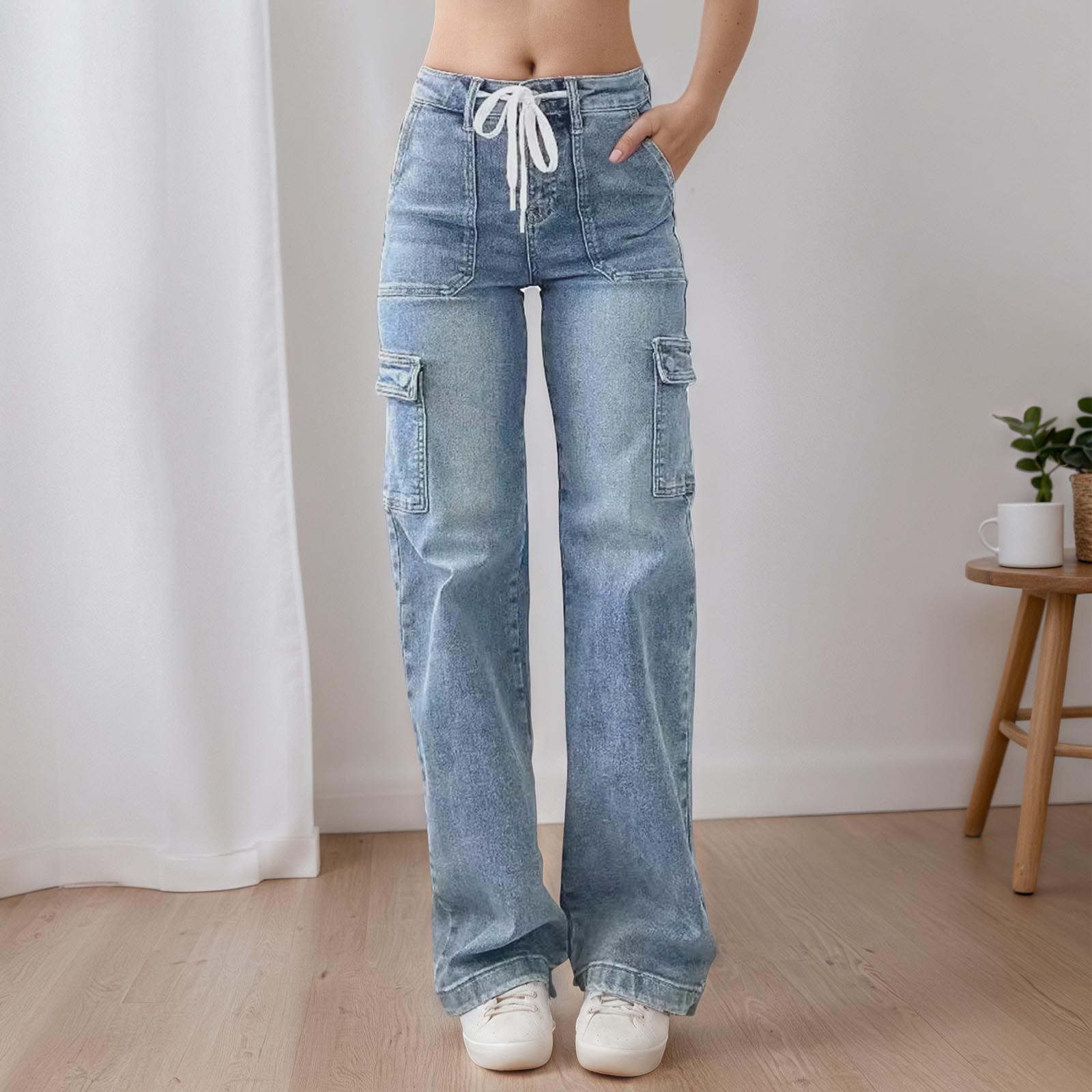 thumbnail image 2 of Pantalones rectos de trabajo para mujer: vaqueros informales con múltiples bolsillos para uso diario, 2 of 5